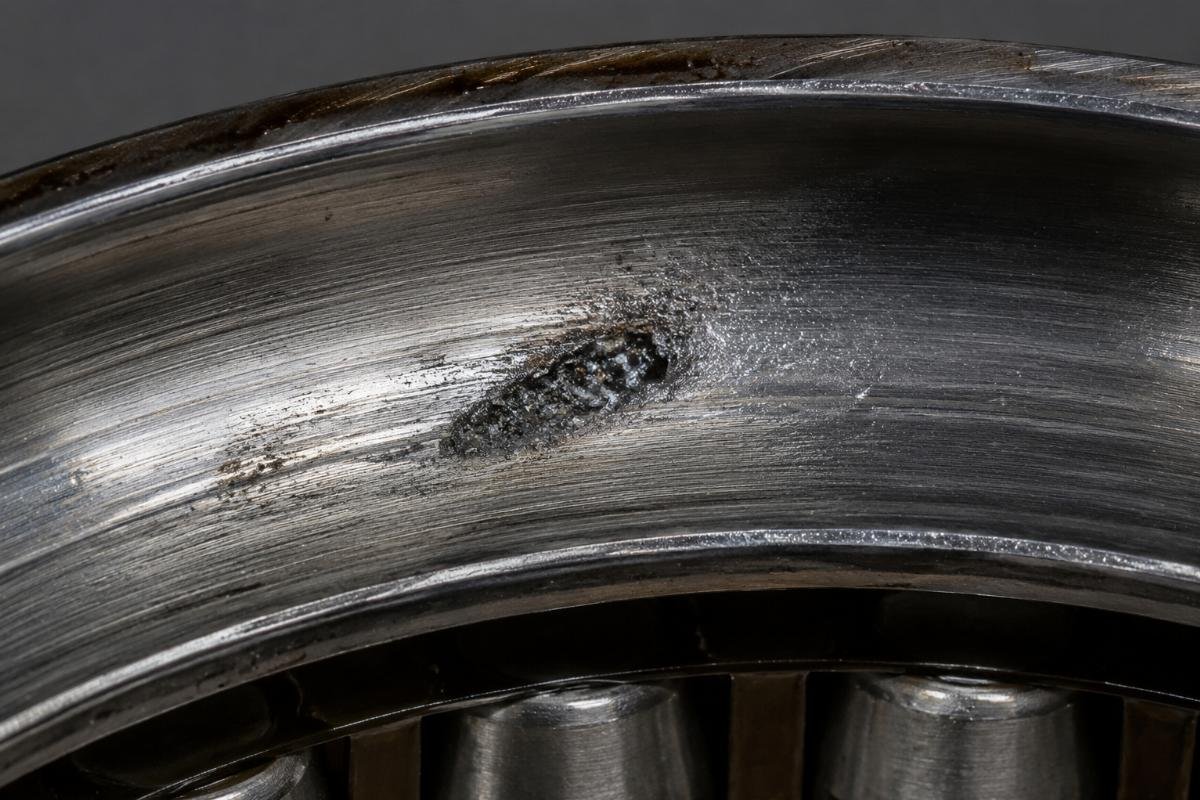 Contamination damage inside a spherical roller bearing raceway showing embedded particulate debris